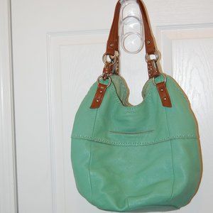 Mint Green Leather Tote Bag with Brown Straps